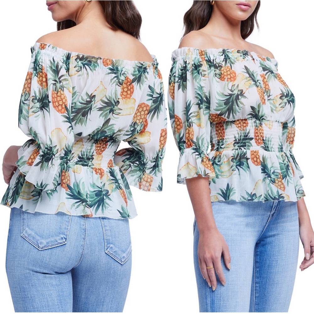 L’AGENCE aubriella off the shoulder top pineapple print NWT